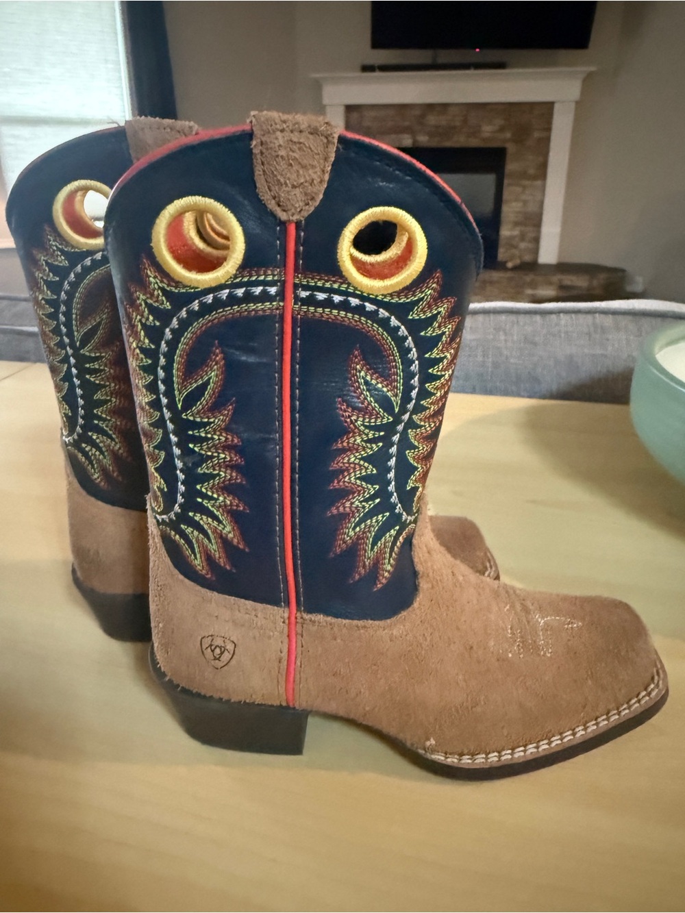 Ariat Kids Tan Suede & Navy Embroidered Pull-On Western Boots